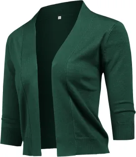 URRU Women's Classic 3/4 Sleeve Open Front Cropped Cardigan Sweater Lightweight Knit Short Shrugs