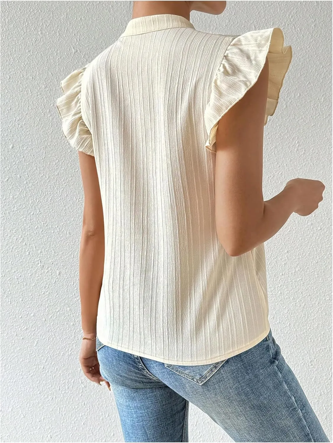 Verdusa Women's Notched V Neck Ruffle Cap Sleeve Textured Blouse Tops