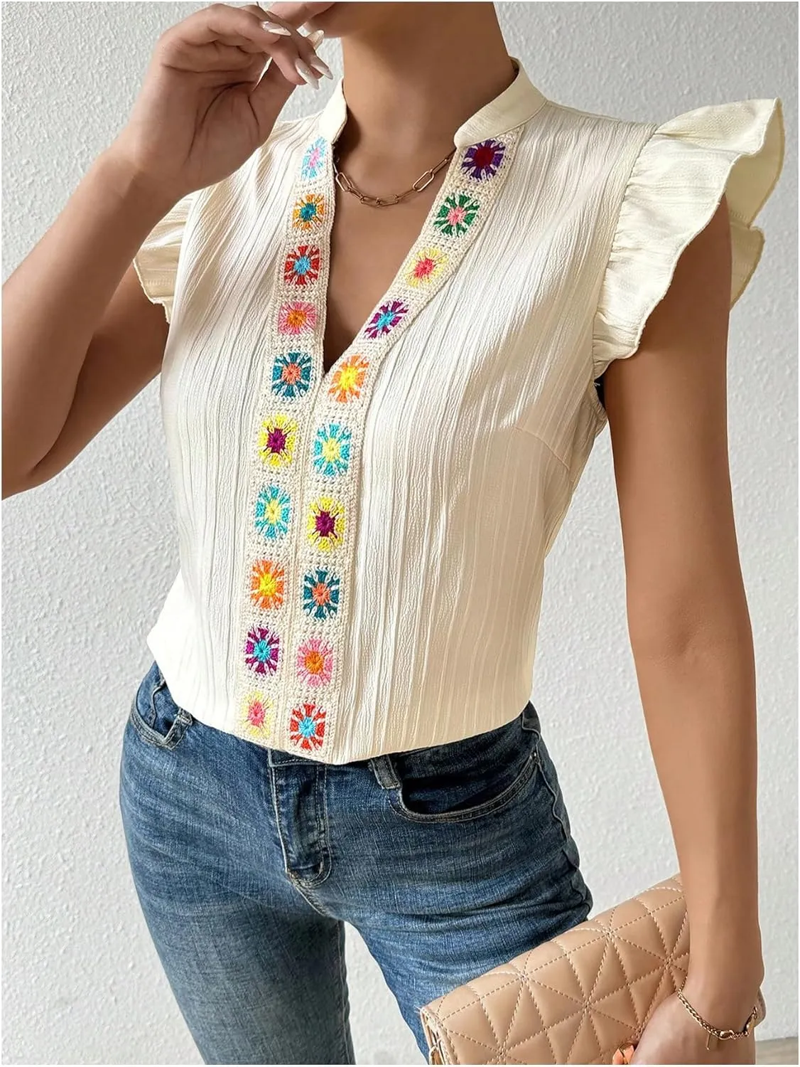 Verdusa Women's Notched V Neck Ruffle Cap Sleeve Textured Blouse Tops