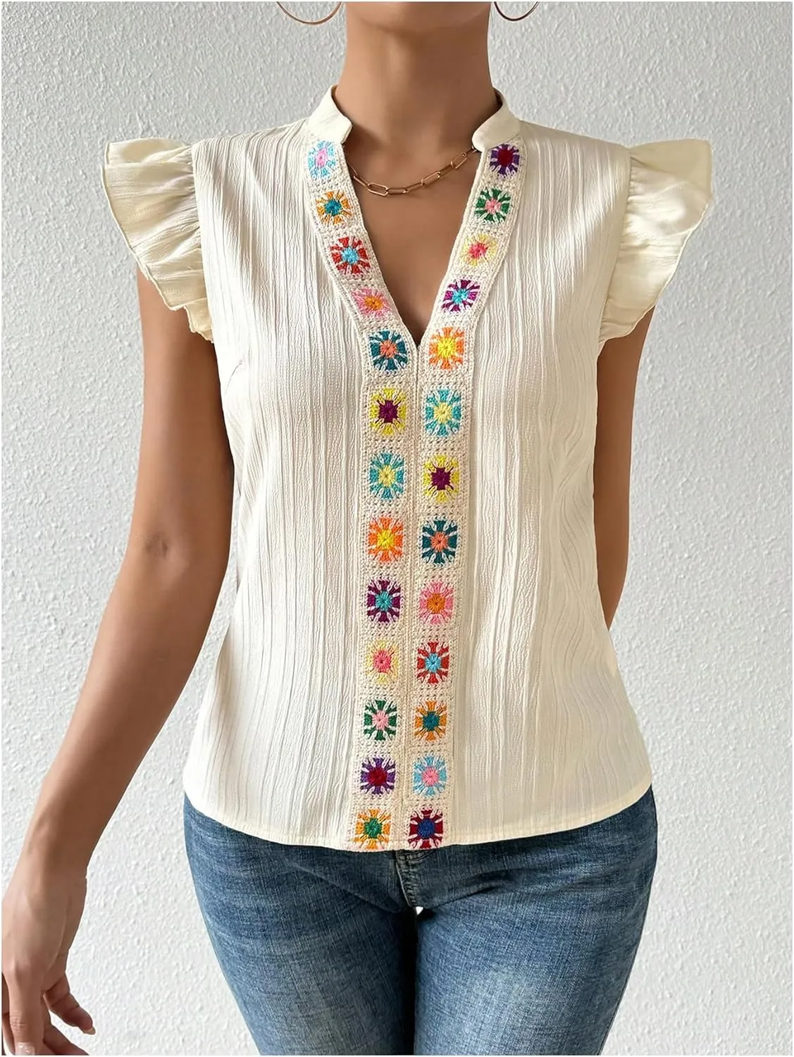 Verdusa Women's Notched V Neck Ruffle Cap Sleeve Textured Blouse Tops