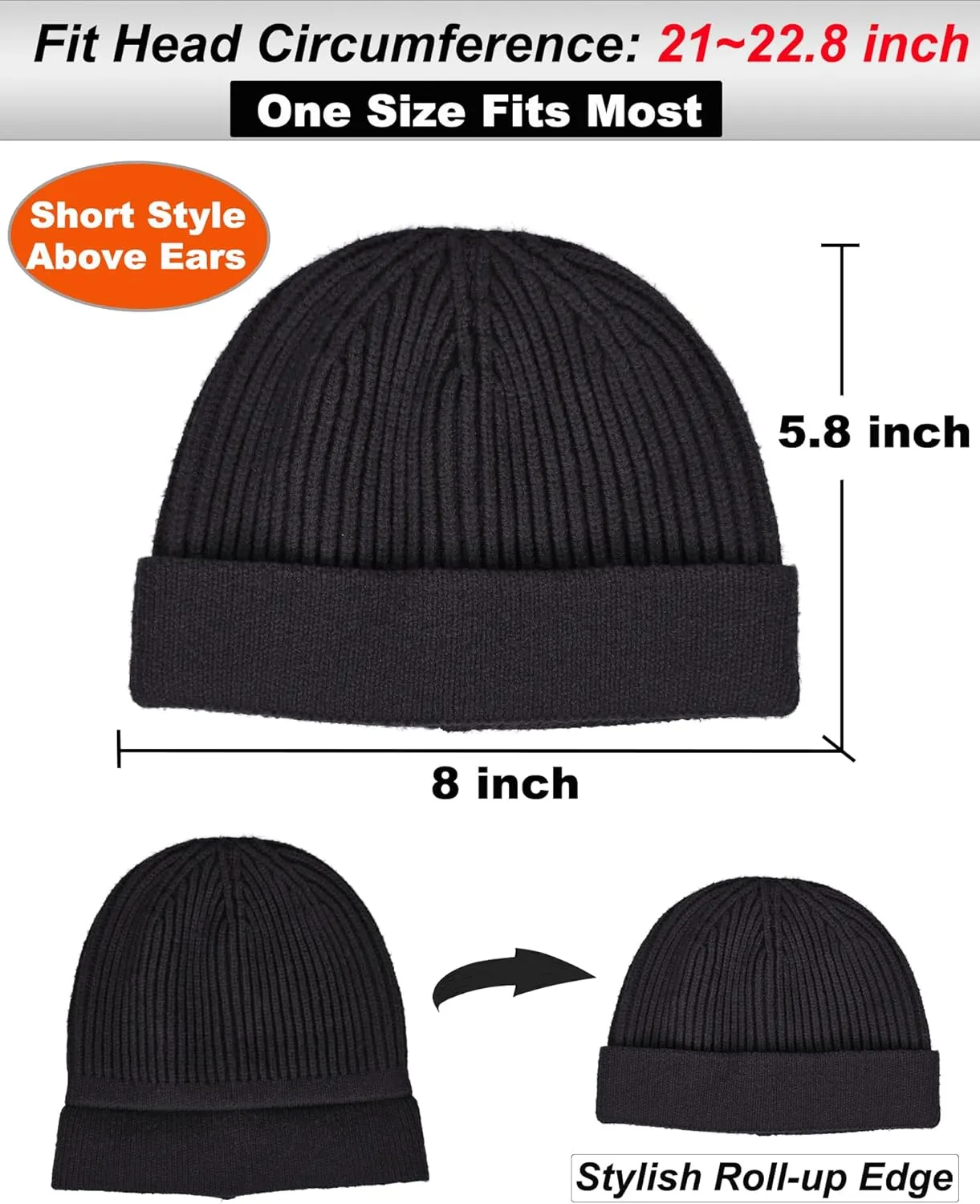 vidsel Thin Wool Fisherman Beanie for Men Women, Short Knit Cuff Trawler Watch Hats