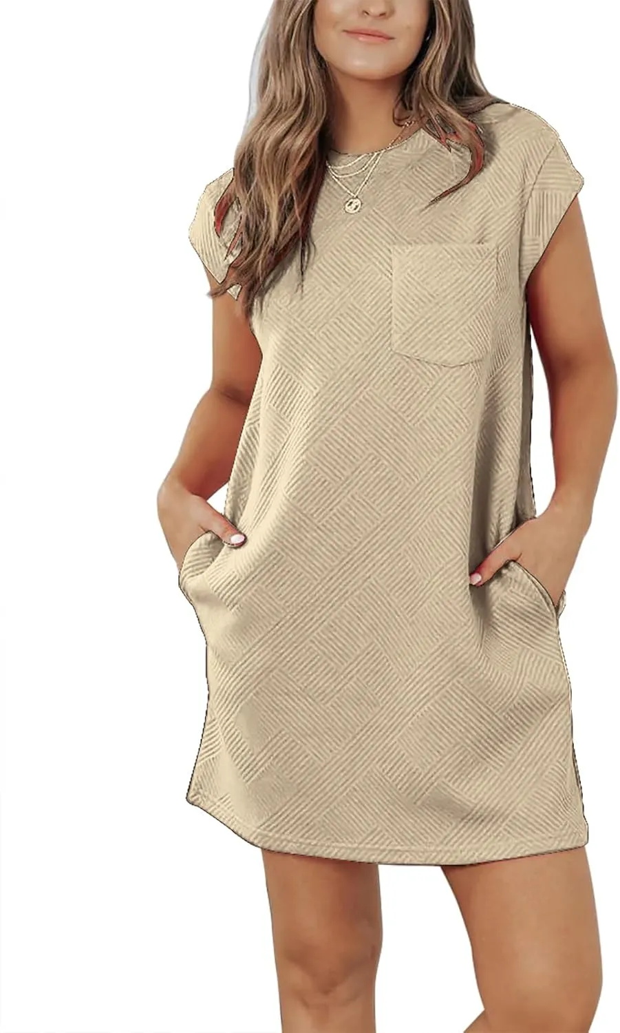 Womens Casual Crewneck Cap Sleeve Textured Mini Tshirt Shift Dress with Pockets