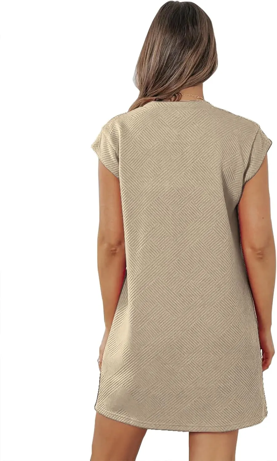 Womens Casual Crewneck Cap Sleeve Textured Mini Tshirt Shift Dress with Pockets