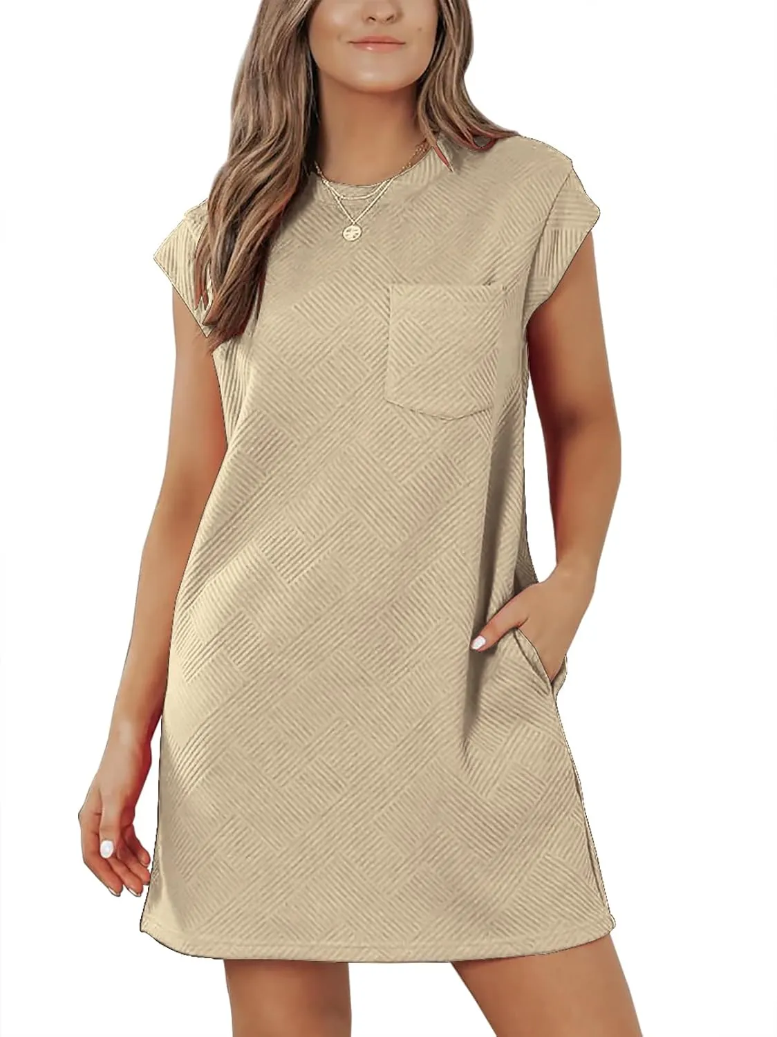 Womens Casual Crewneck Cap Sleeve Textured Mini Tshirt Shift Dress with Pockets