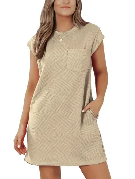 Womens Casual Crewneck Cap Sleeve Textured Mini Tshirt Shift Dress with Pockets
