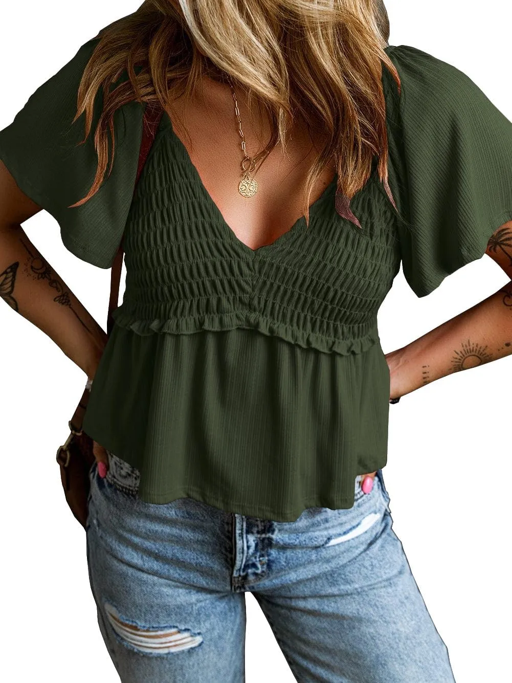 Womens Casual Short Flutter Sleeve Blouses Summer V Neck Pleated T Shirts