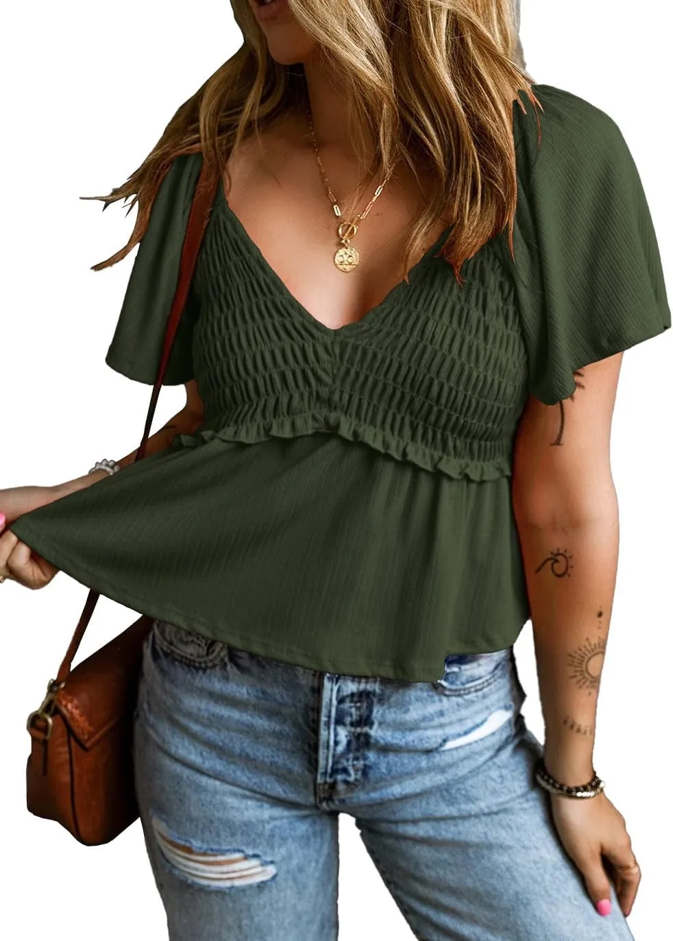 Womens Casual Short Flutter Sleeve Blouses Summer V Neck Pleated T Shirts