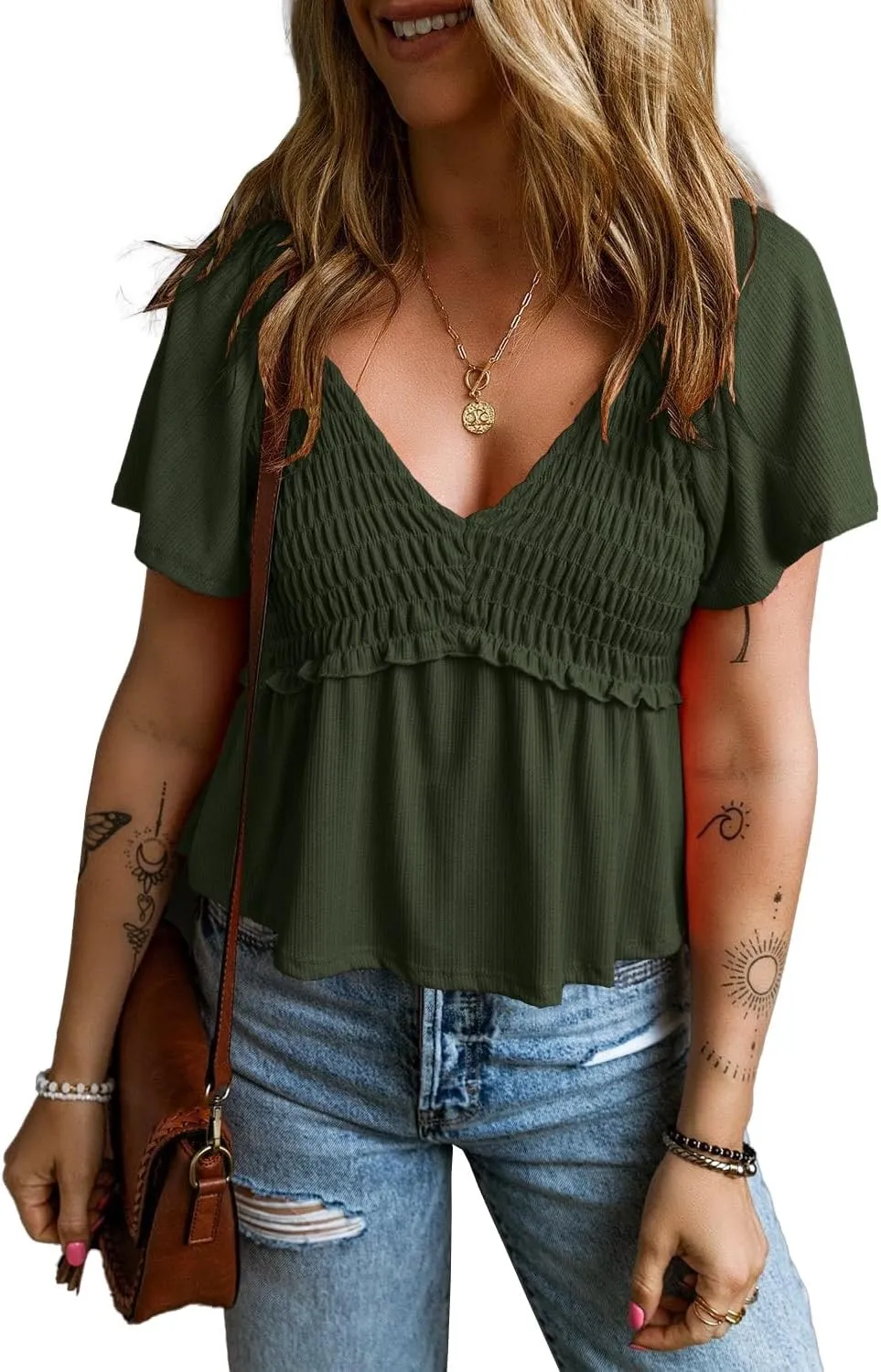 Womens Casual Short Flutter Sleeve Blouses Summer V Neck Pleated T Shirts
