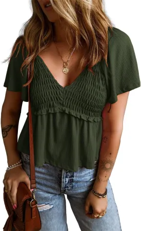 Womens Casual Short Flutter Sleeve Blouses Summer V Neck Pleated T Shirts
