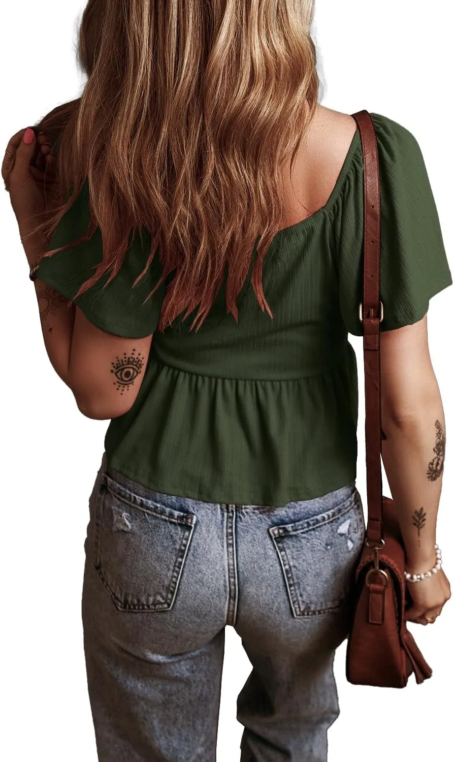 Womens Casual Short Flutter Sleeve Blouses Summer V Neck Pleated T Shirts