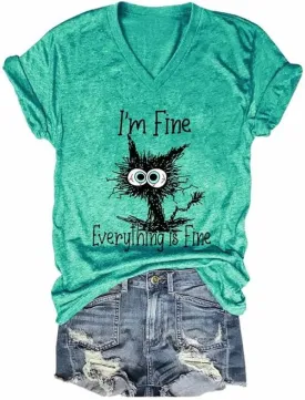 Womens I'm Fine Everything is Fine T Shirts Casual Summer V Neck Cat Graphic Tees Teen Girl Funny Tops