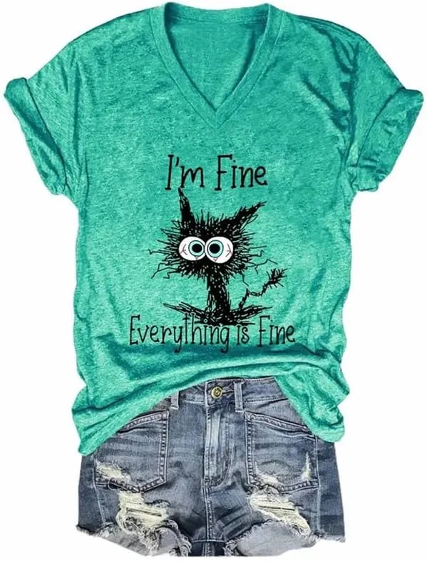 Womens I'm Fine Everything is Fine T Shirts Casual Summer V Neck Cat Graphic Tees Teen Girl Funny Tops