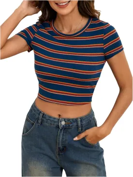 Women's Striped Colorblock T Shirt Short Sleeve Crew Neck Ribbed Knit Crop Tops