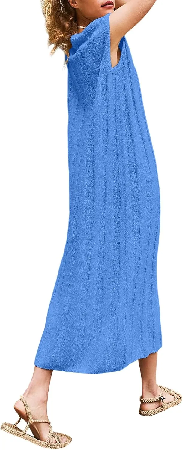 Women's Summer Maxi Dress 2025 Sleeveless Long Sweater Dress Scoop Neck Ribbed Knit Tank Top Dresses