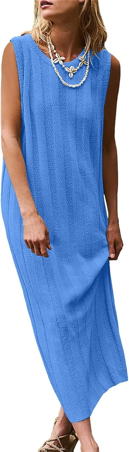 Women's Summer Maxi Dress 2025 Sleeveless Long Sweater Dress Scoop Neck Ribbed Knit Tank Top Dresses
