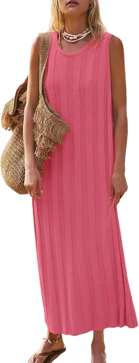 Women's Summer Maxi Dress 2025 Sleeveless Long Sweater Dress Scoop Neck Ribbed Knit Tank Top Dresses