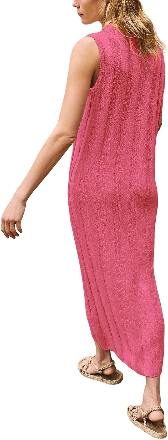 Women's Summer Maxi Dress 2025 Sleeveless Long Sweater Dress Scoop Neck Ribbed Knit Tank Top Dresses