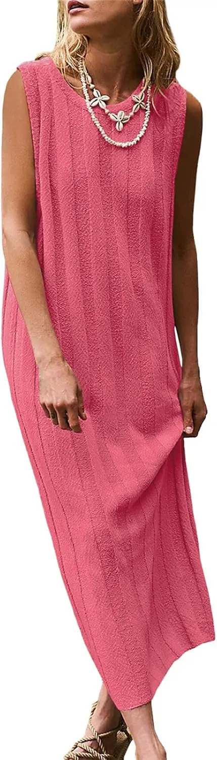 Women's Summer Maxi Dress 2025 Sleeveless Long Sweater Dress Scoop Neck Ribbed Knit Tank Top Dresses