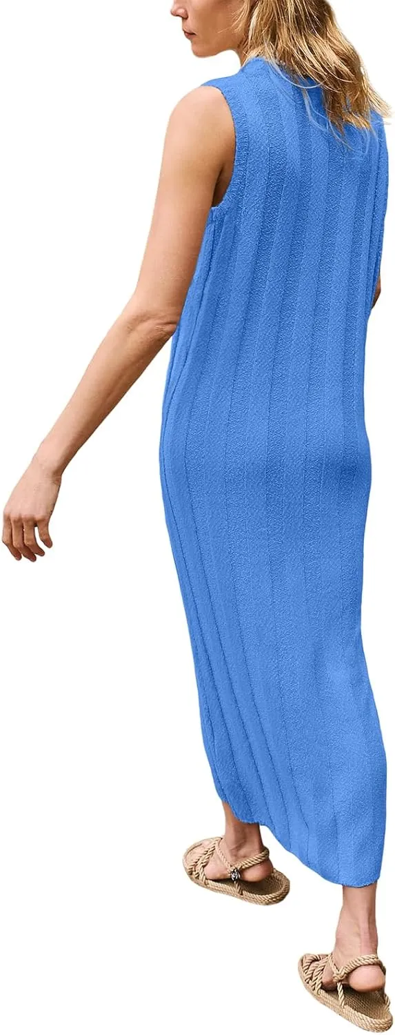 Women's Summer Maxi Dress 2025 Sleeveless Long Sweater Dress Scoop Neck Ribbed Knit Tank Top Dresses