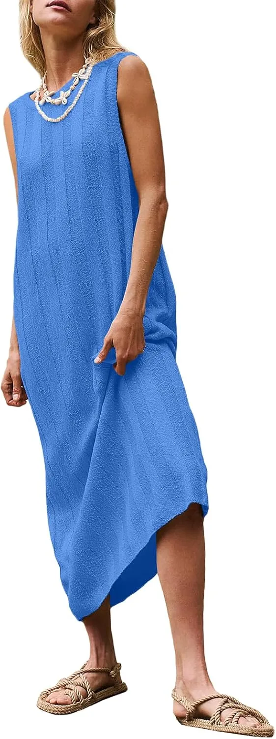 Women's Summer Maxi Dress 2025 Sleeveless Long Sweater Dress Scoop Neck Ribbed Knit Tank Top Dresses