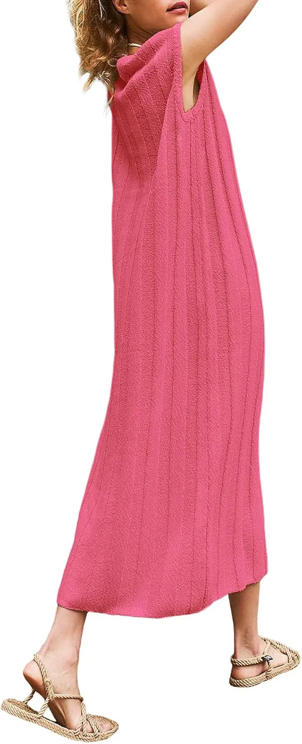 Women's Summer Maxi Dress 2025 Sleeveless Long Sweater Dress Scoop Neck Ribbed Knit Tank Top Dresses
