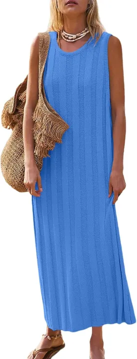 Women's Summer Maxi Dress 2025 Sleeveless Long Sweater Dress Scoop Neck Ribbed Knit Tank Top Dresses