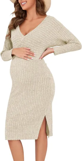 Wrap V Neck Maternity Sweater Dress Rib Knit Batwing Open Back Slit Pregnancy Dresses Baby Shower Photoshoot Outfit