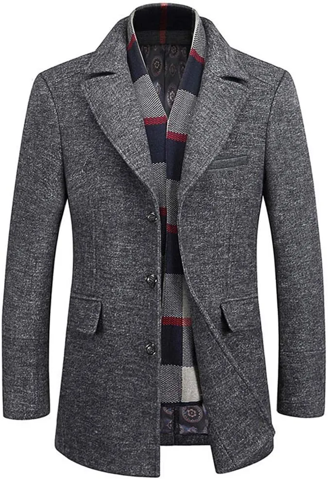 WULFUL Mens Wool Blend Winter Coat Slim Fit Short Trenchcoat Warm Business Jacket with Detachable Soft Wool Scarf