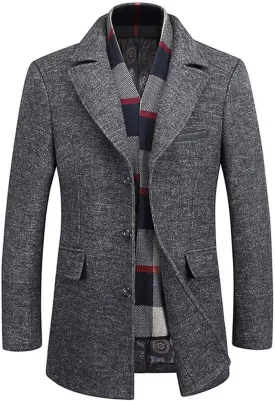WULFUL Mens Wool Blend Winter Coat Slim Fit Short Trenchcoat Warm Business Jacket with Detachable Soft Wool Scarf