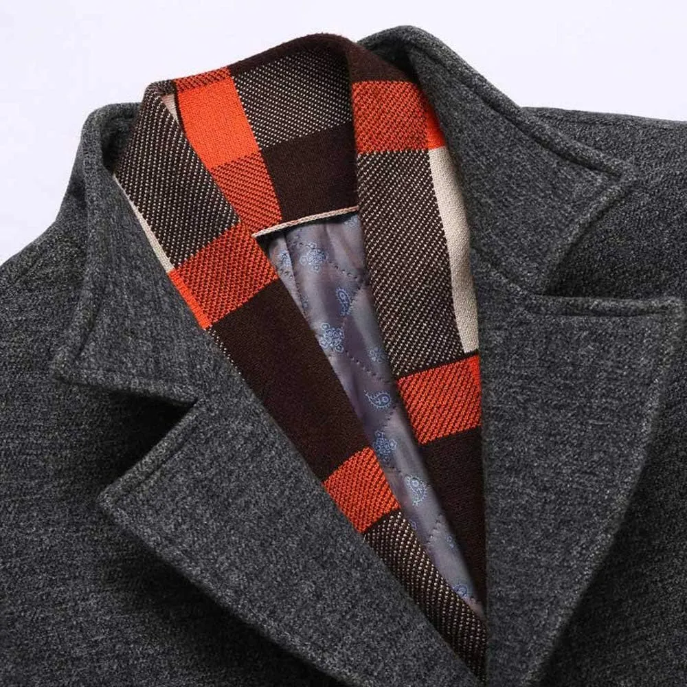 WULFUL Mens Wool Blend Winter Coat Slim Fit Short Trenchcoat Warm Business Jacket with Detachable Soft Wool Scarf