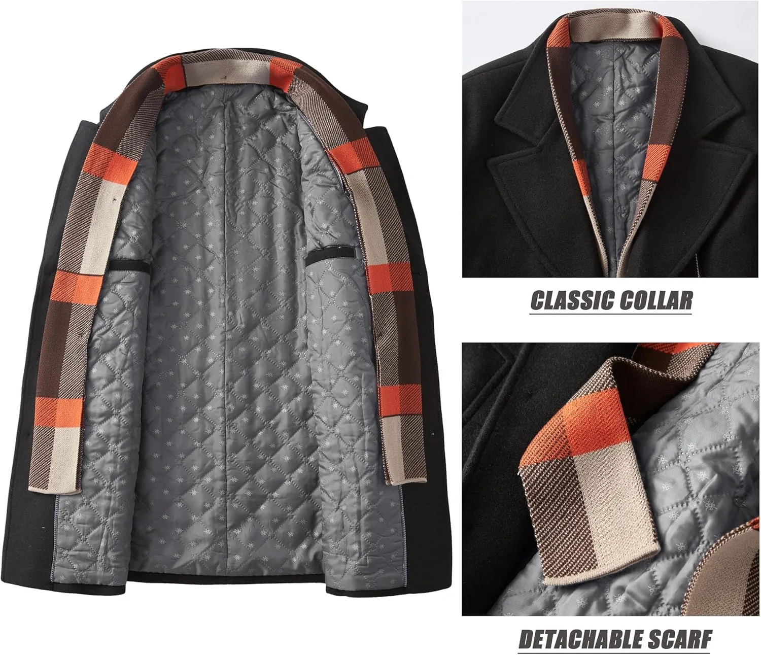 WULFUL Mens Wool Blend Winter Coat Slim Fit Short Trenchcoat Warm Business Jacket with Detachable Soft Wool Scarf