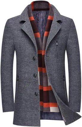 WULFUL Mens Wool Blend Winter Coat Slim Fit Short Trenchcoat Warm Business Jacket with Detachable Soft Wool Scarf