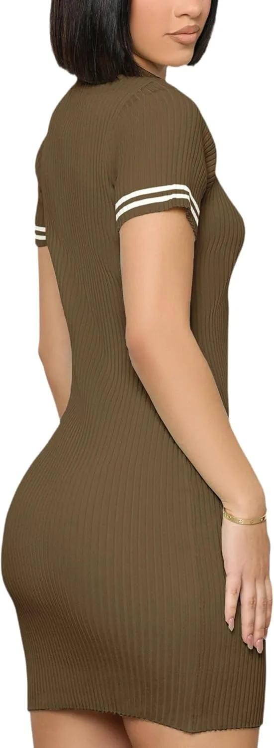 ZERMOM Women's Ribbed Knit Dress Short Sleeve Button Bodycon Elegant Sweater Mini Dresses