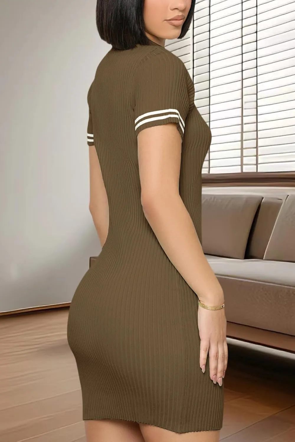 ZERMOM Women's Ribbed Knit Dress Short Sleeve Button Bodycon Elegant Sweater Mini Dresses