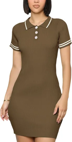 ZERMOM Women's Ribbed Knit Dress Short Sleeve Button Bodycon Elegant Sweater Mini Dresses